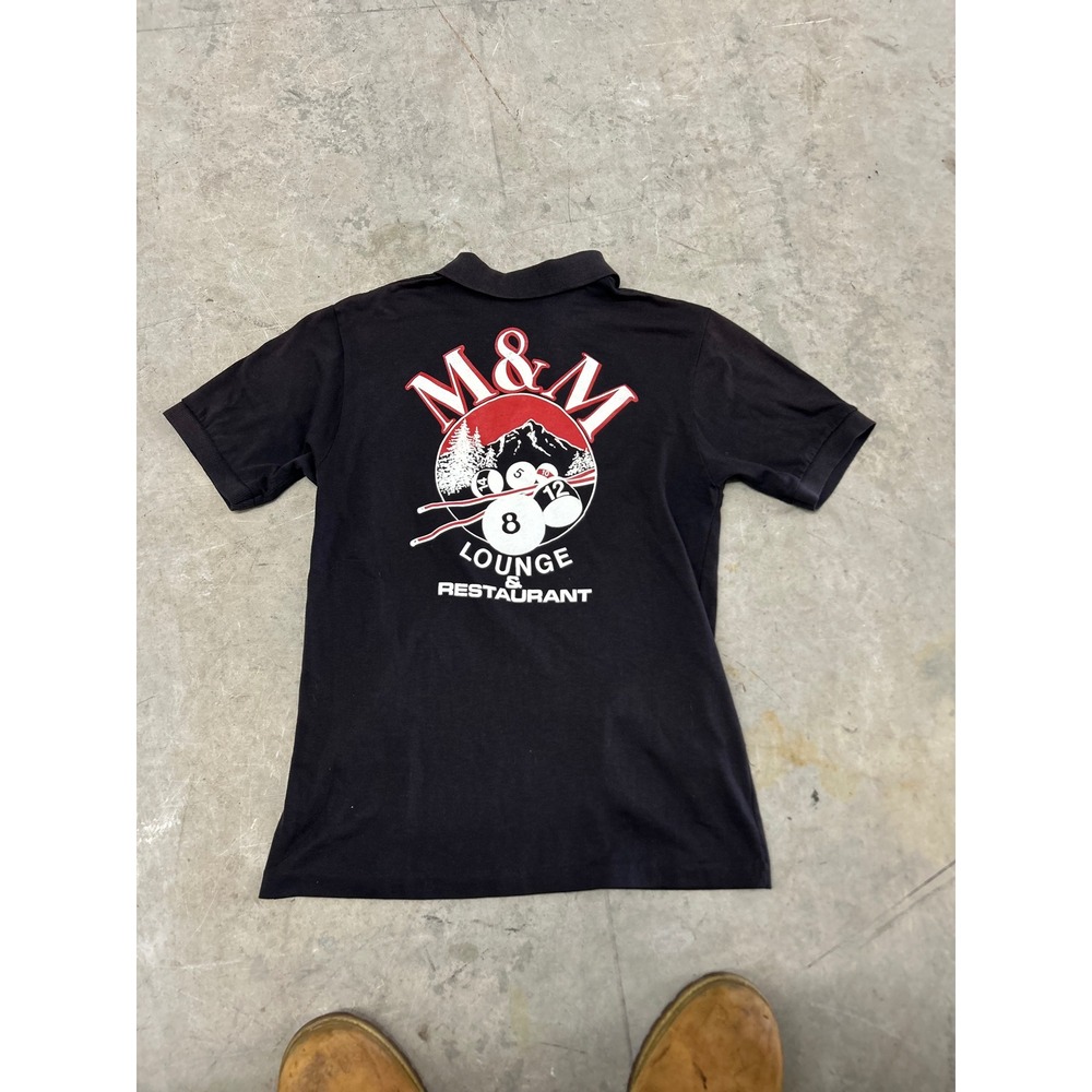 Vintage Hanes M&M Lounge & Restaurant Polo Shirt Mens Small Black 8 Ball Graphic